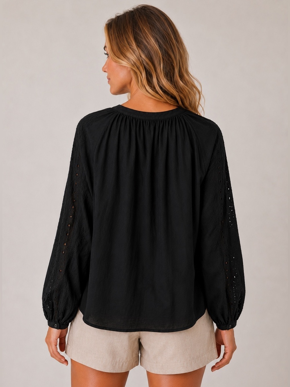 Old Navy Blouse Eyelet Sleeve Button Up Black XL - Picture 2 of 15